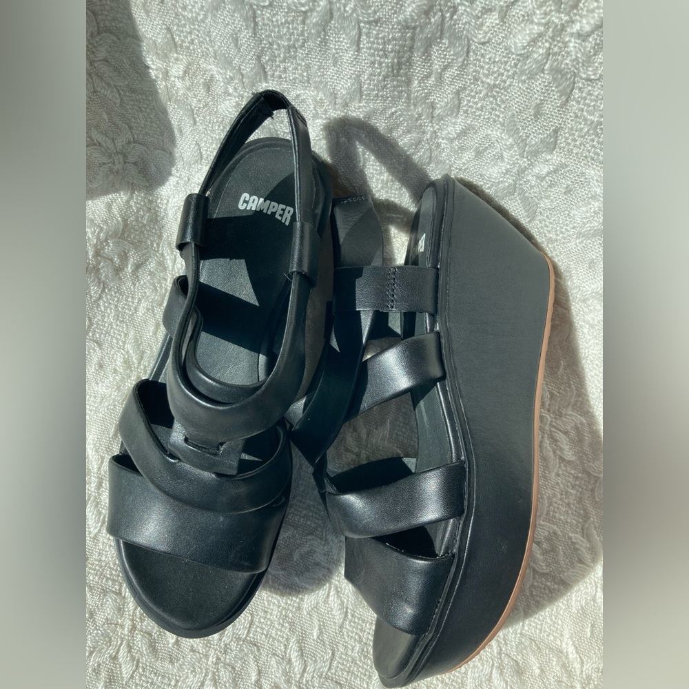 Camper Damas Black Leather Strappy Wedge Sandals size 5 size 36 EU